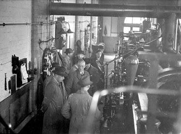 Widnes Gas Works, the interior engine house during a visit by the Town Councillors.