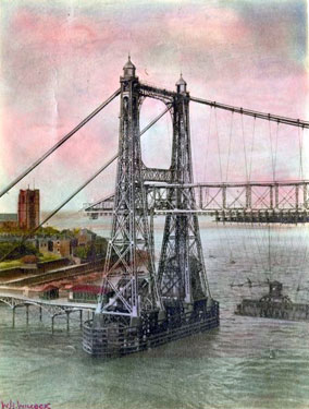 Hand coloured print of Transporter Bridge with St Marys Church in the background.