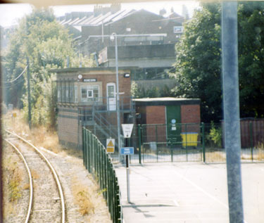 Runcorn Station, looking S to signal box from W end of footbridge.
