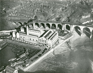 Aerial view of West Bank Power Station and railway viaduct